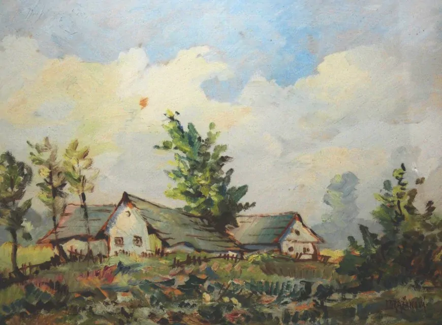 Obraz chalupy signováno J.Dražanová