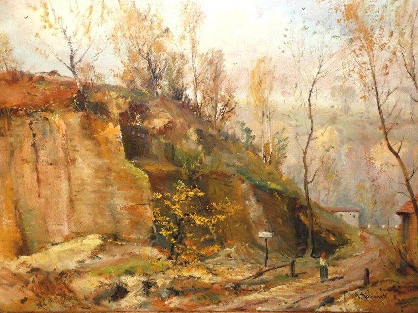 Obraz podzim ve starém lomu Pelinách v Chocni signováno Josef Kubiznák