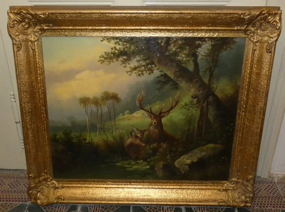 Obraz karjina s jelenem 19.století signováno Valentín Skála